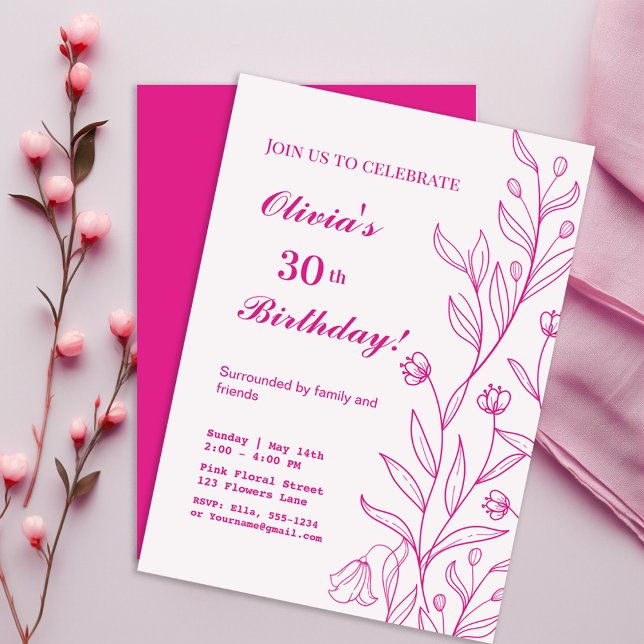 Convites Floral Simples e Elegante Rosa Quente de Aniversár (Criador carregado)