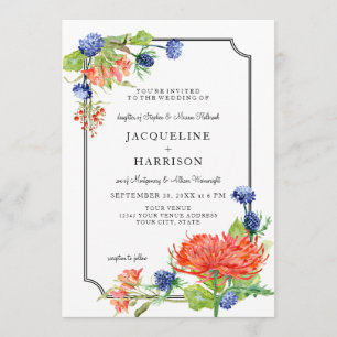 Convites Floral Simples Queda De Aquarela Laranja Azul