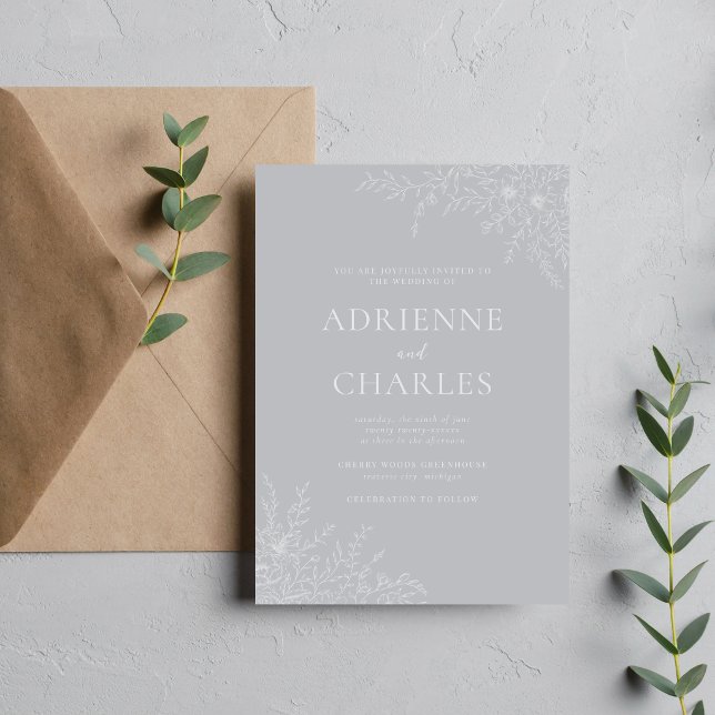 Convites Floral Simplicity 1 Sterling Gray Minimal Wedding (Criador carregado)