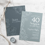 Convites Floral Slate Blue Surprise aniversário de 40 anos<br><div class="desc">Convite de festas marinho surpresa de cinza simples. Design minimalista moderno na ardente azul empoeirado com sotaque botânico e letra tipográfica. A floral feminina branca e azul de aço convida o cartão perfeito para uma festa surpresa das mulheres na moda. Pode ser personalizado para qualquer idade.</div>