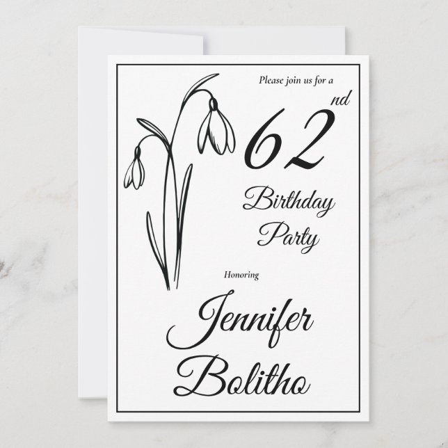 Convites Floral Snowdrop Preto E Branco Aniversário de Qual (Frente)