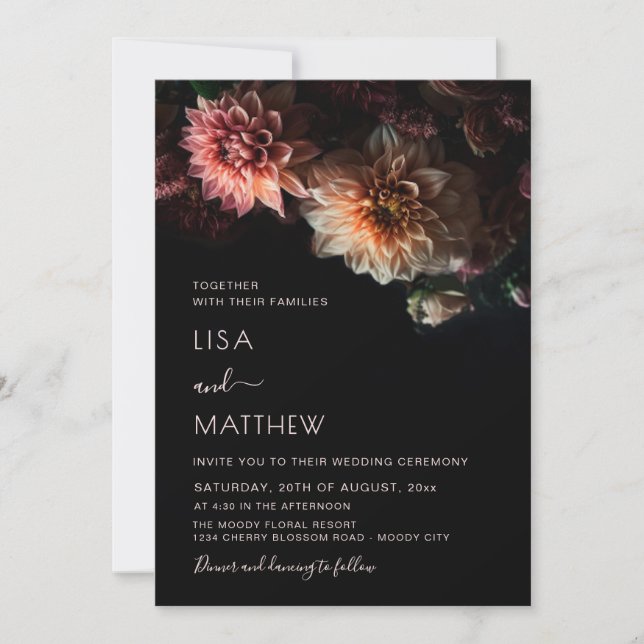 Convites Floral Sombrio e Temperamental | Casamento Casual (Frente)
