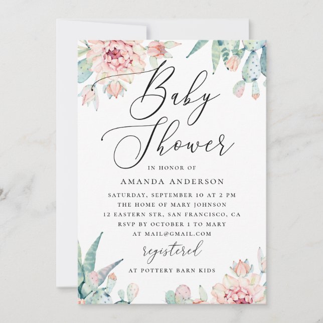 Convites Floral Succulent Baby Shower | Elegant Boho Cactus (Frente)