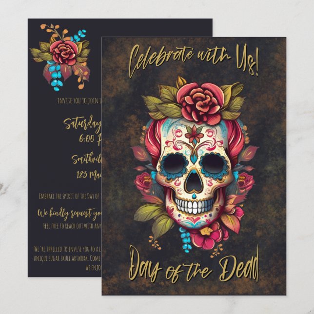 Convites Floral Sugar Skull Day of the Dead English (Frente/Verso)