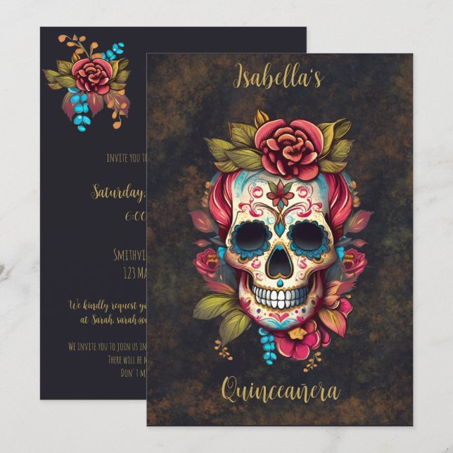 Convites Floral Sugar Skull Quinceanera Aniversário Inglês (Frente/Verso)
