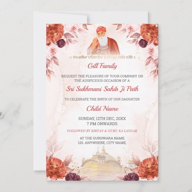 Convites Floral Sukhmani Sahib Paath Invitation (Frente)