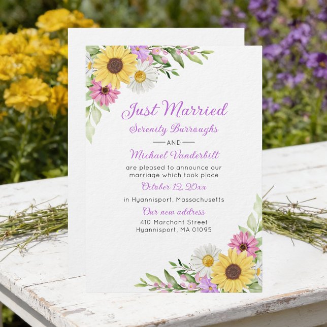 Convites Floral Sunflower Daisy Just Married Wedding (Criador carregado)