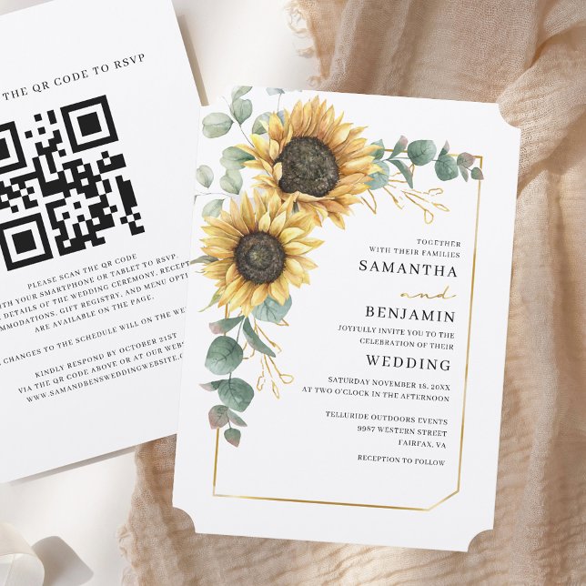 Convites Floral Sunflower Eucalyptus Código QR Casamento Ru (Floral Sunflower Eucalyptus QR Code Rustic Wedding Invitation)
