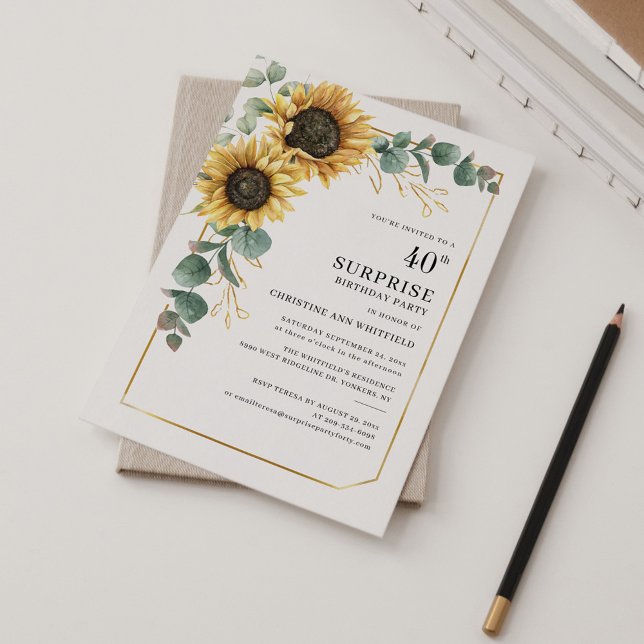 Convites Floral Sunflower Eucalyptus Surprise aniversário d (Sunflower Eucalyptus Greenery 40th Birthday Party Invitation)