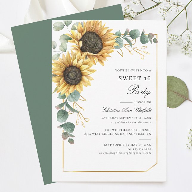 Convites Floral Sunflower Eucalyptus Sweet 16 Party (Sunflower Floral Eucalyptus 16th Birthday Party Sweet Sixteen Invitation)