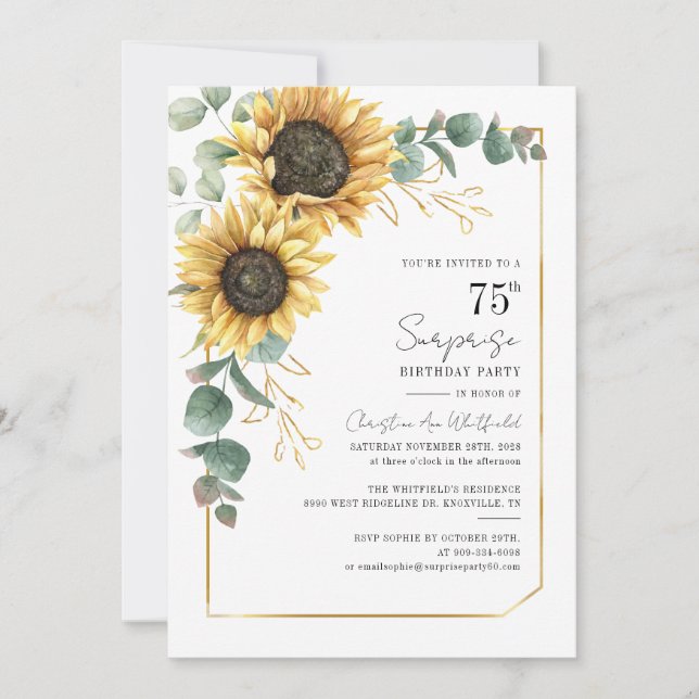 Convites Floral Sunflower Greenery Script 75th Aniversário (Frente)