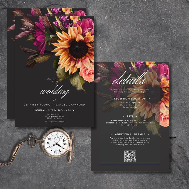 Convites Floral Sunset Elegante E Vibrante, Tudo Em Um (Elegant Moody Vibrant Sunset Floral All In One Invitation)