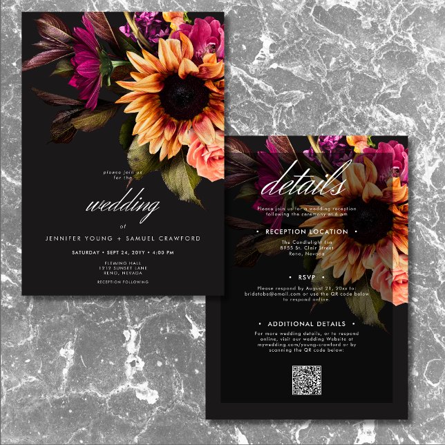 Convites Floral Sunset Elegante, Vibrante, Solar, Dois Lado (Elegant Moody Vibrant Sunset Floral Two Sided Invitation)