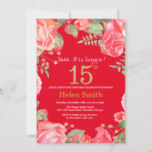 Convites Floral Surprise 15 Birthday Dourada Glitter e Red