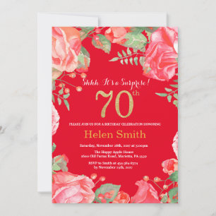 Convites Floral Surprise 70 Birthday Dourada Glitter e Red