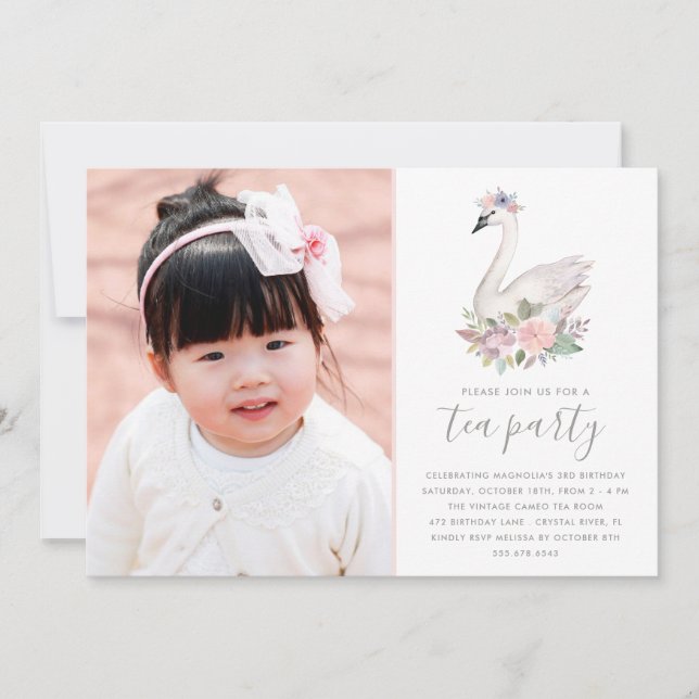 Convites Floral Swan Princess Birthday Photo Tea Party (Frente)