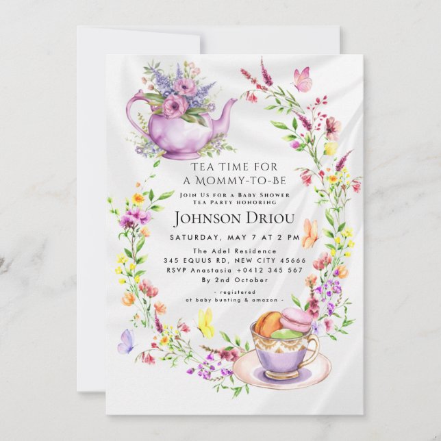Convites Floral Tea Party Baby Shower Invitation (Frente)
