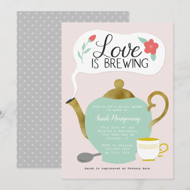 Convites Floral Tea Party Love Is Breaking (Frente/Verso)