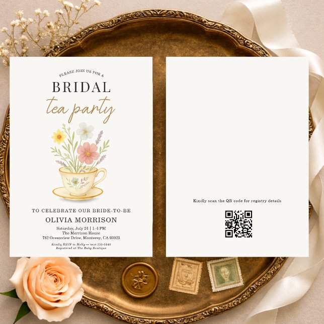 Convites Floral Tea Party QR Code Bridal Shower (Criador carregado)