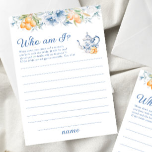 Convites Floral Tea Party Who Am I Chá de panela Game Card