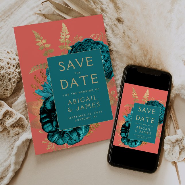 Convites Floral Teal Coral Dourado Casamento Salve a Data (Criador carregado)