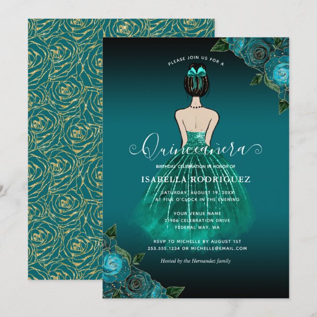 Convites Floral Teal Princess Dourado Birthday Quinceañera (Frente/Verso)