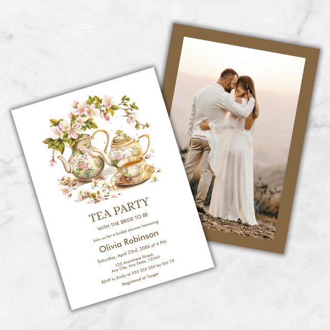 Convites Floral Teapot Tea Party - Chá de panela de fotos (Floral Teapot Tea Party Photo Bridal Shower Invitation )