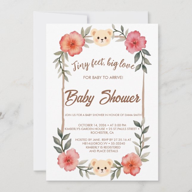 Convites  Floral Teddy Bear Baby Shower Invitation Neutral  (Frente)