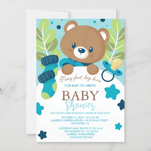 Convites  Floral Teddy Bear Baby Shower Invitation Neutral  (Criador carregado)
