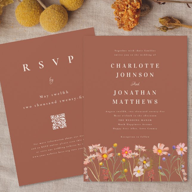 Convites Floral Terracotta Beige Casamento outono (Boho fall Wildflower terracotta brown beige orange wedding qr code invitation elegant modern  )
