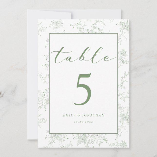 Convites Floral Toile Green Wedding Table Card (Frente)