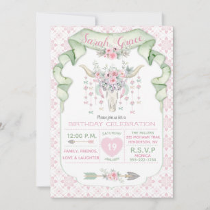 Convites Floral Tribal Chifres de Touro Flechas Rosa Menta
