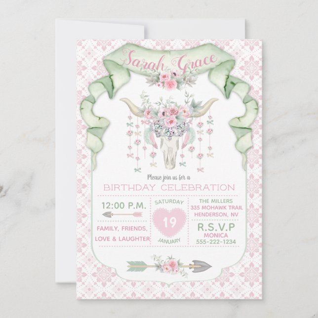 Convites Floral Tribal Chifres de Touro Flechas Rosa Menta  (Frente)