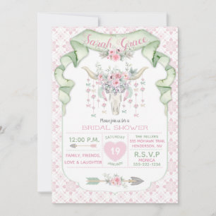 Convites Floral Tribal Chifres de Touro Flechas Rosa Menta