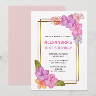 Convites Floral Tropical Rosa Luxo Aniversário de 41 anos