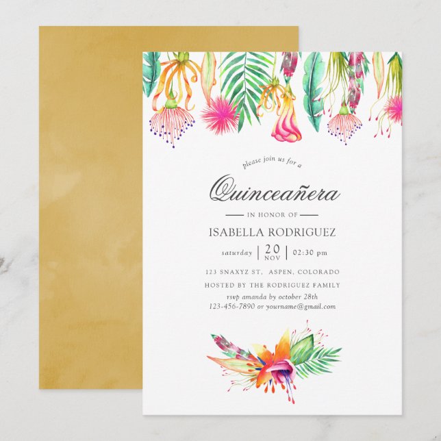 Convites Floral Tropical Verão Praia Quinceañera (Frente/Verso)