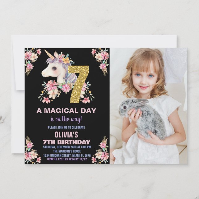 Convites Floral Unicorn Birthday Invisions Glitter Photo (Frente)