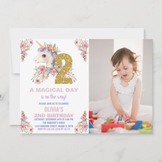 Convites Floral Unicorn Birthday Invisions Glitter Photo (Frente)