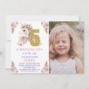 Convites Floral Unicorn Birthday Invisions Glitter Photo