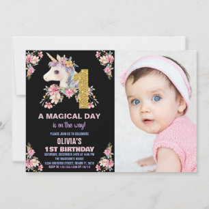 Convites Floral Unicorn Birthday Invisions Glitter Photo