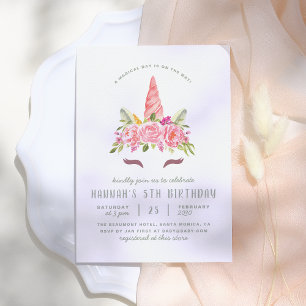 Convites Floral Unicorn Modern Festa de aniversario de meni