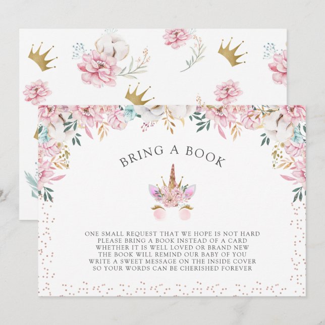 Convites Floral Unicorn Princesa Traga um Livro (Frente/Verso)