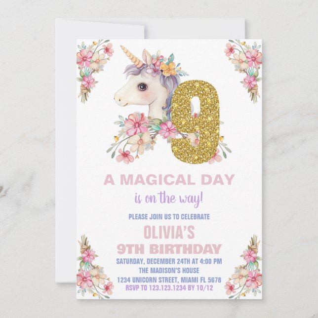 Convites Floral Unicorn - Vozes de Aniversário (Frente)