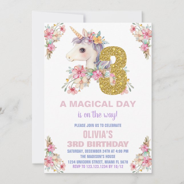 Convites Floral Unicorn - Vozes de Aniversário (Frente)