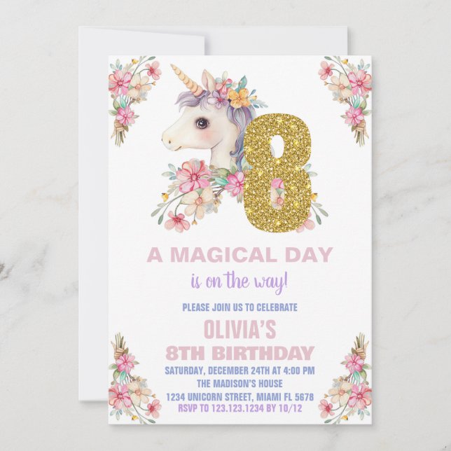 Convites Floral Unicorn - Vozes de Aniversário (Frente)