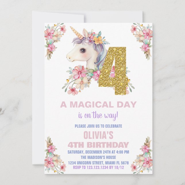 Convites Floral Unicorn - Vozes de Aniversário (Frente)