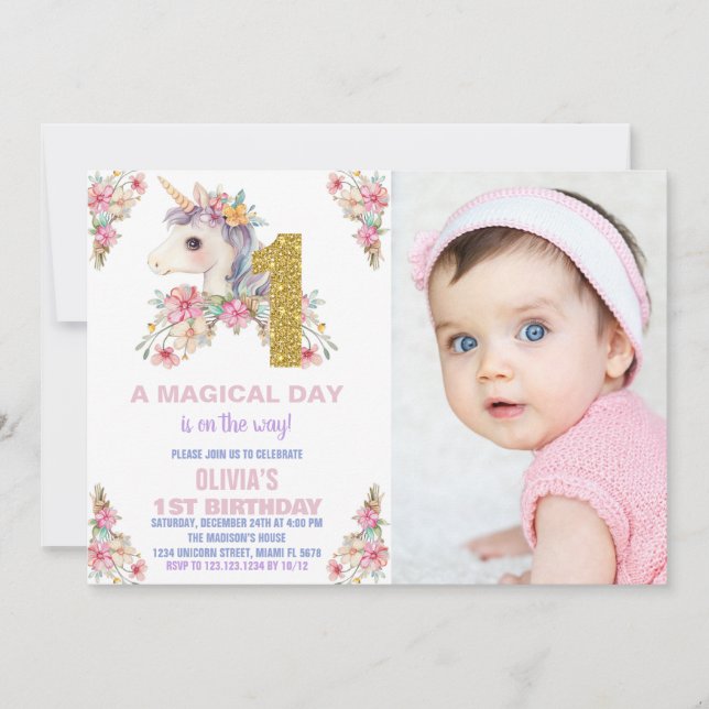 Convites Floral Unicorn - Vozes de Aniversário (Frente)