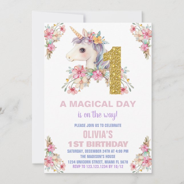 Convites Floral Unicorn - Vozes de Aniversário (Frente)