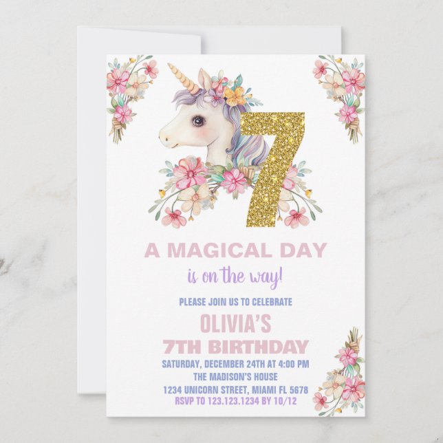 Convites Floral Unicorn - Vozes de Aniversário (Frente)
