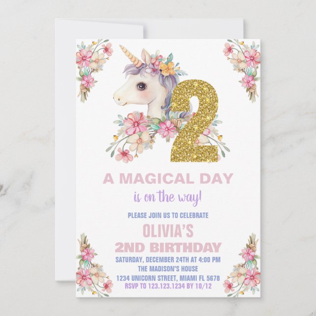 Convites Floral Unicorn - Vozes de Aniversário (Frente)